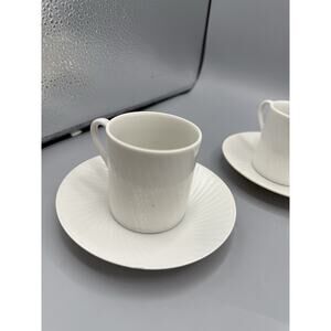 Set of 5 White Porcelain Espresso Cups & Saucers Ribbed Textured Pattern 2.5”